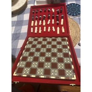 VINTAGE Egyptian Inlaid Mother Of Pearl Wooden Chess board Carved Pieces